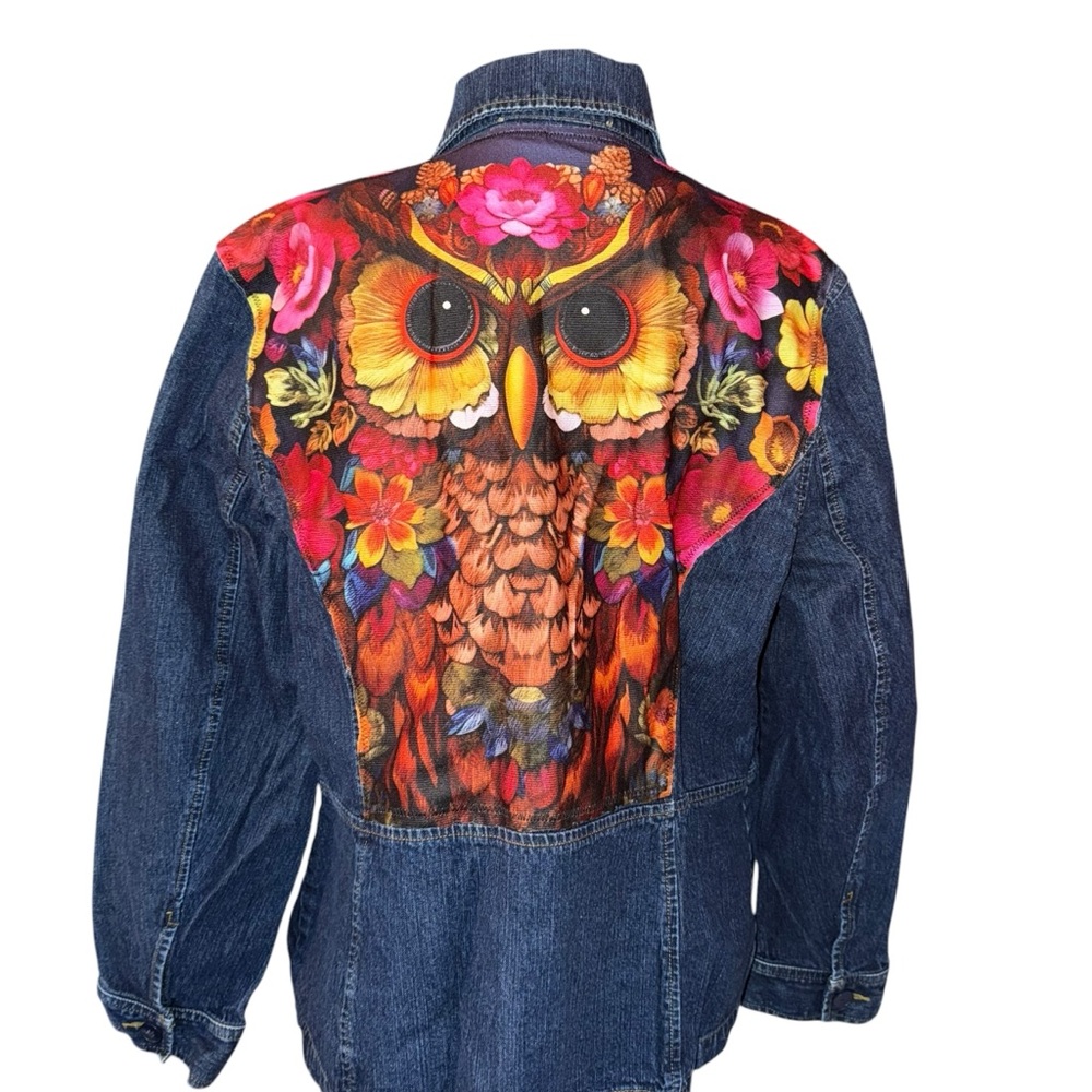 Reworked Upcycled Women's Denim Jacket Boho Bohemian Casual Size XL Owls